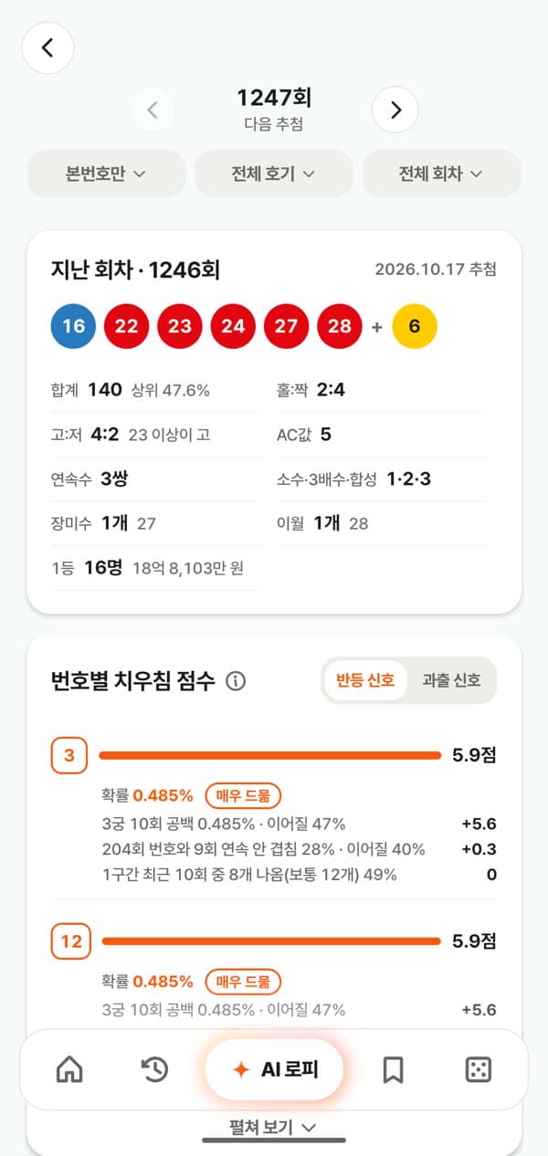 지난 회차 지표와 번호별 점수가 보이는 흐름 요약 화면